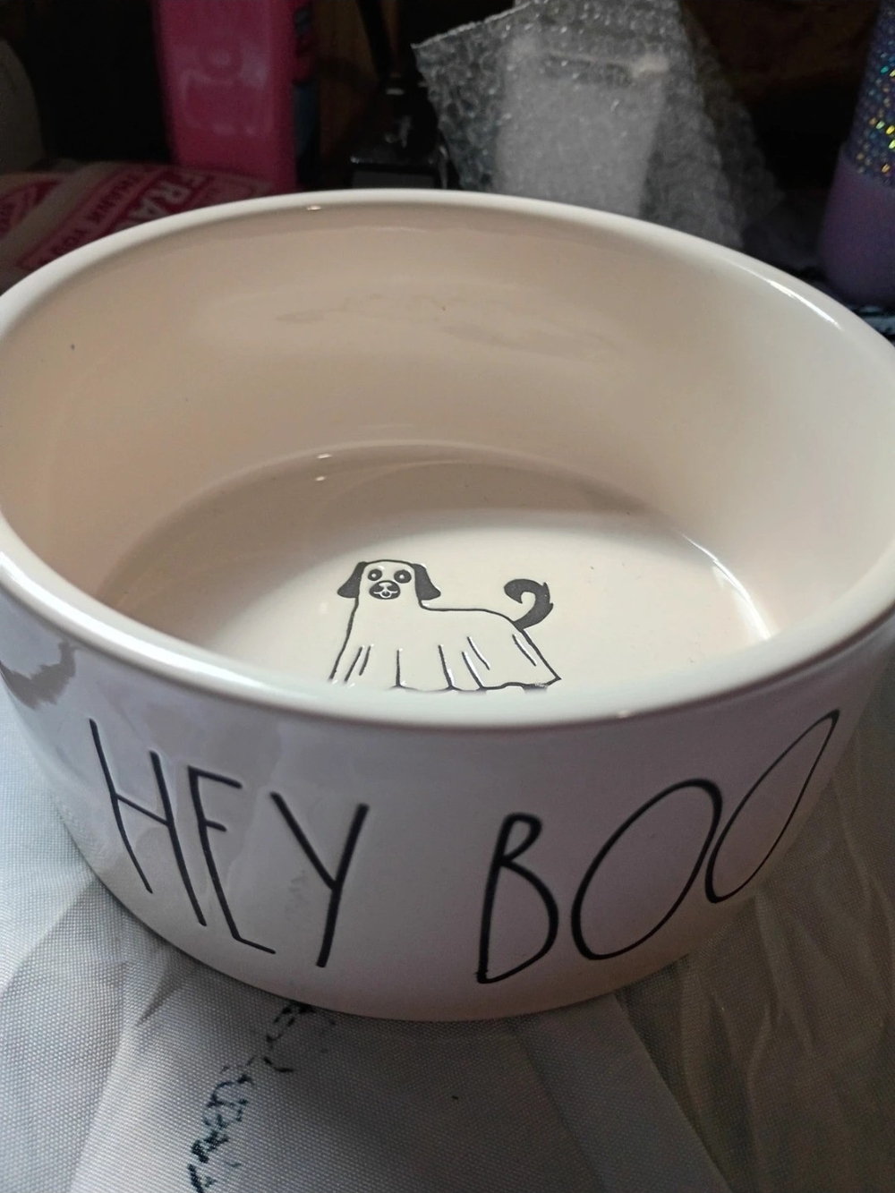 Rae Dunn Cream & Black 'HEY BOO' Ceramic Dog Bowl with Pup Illustration